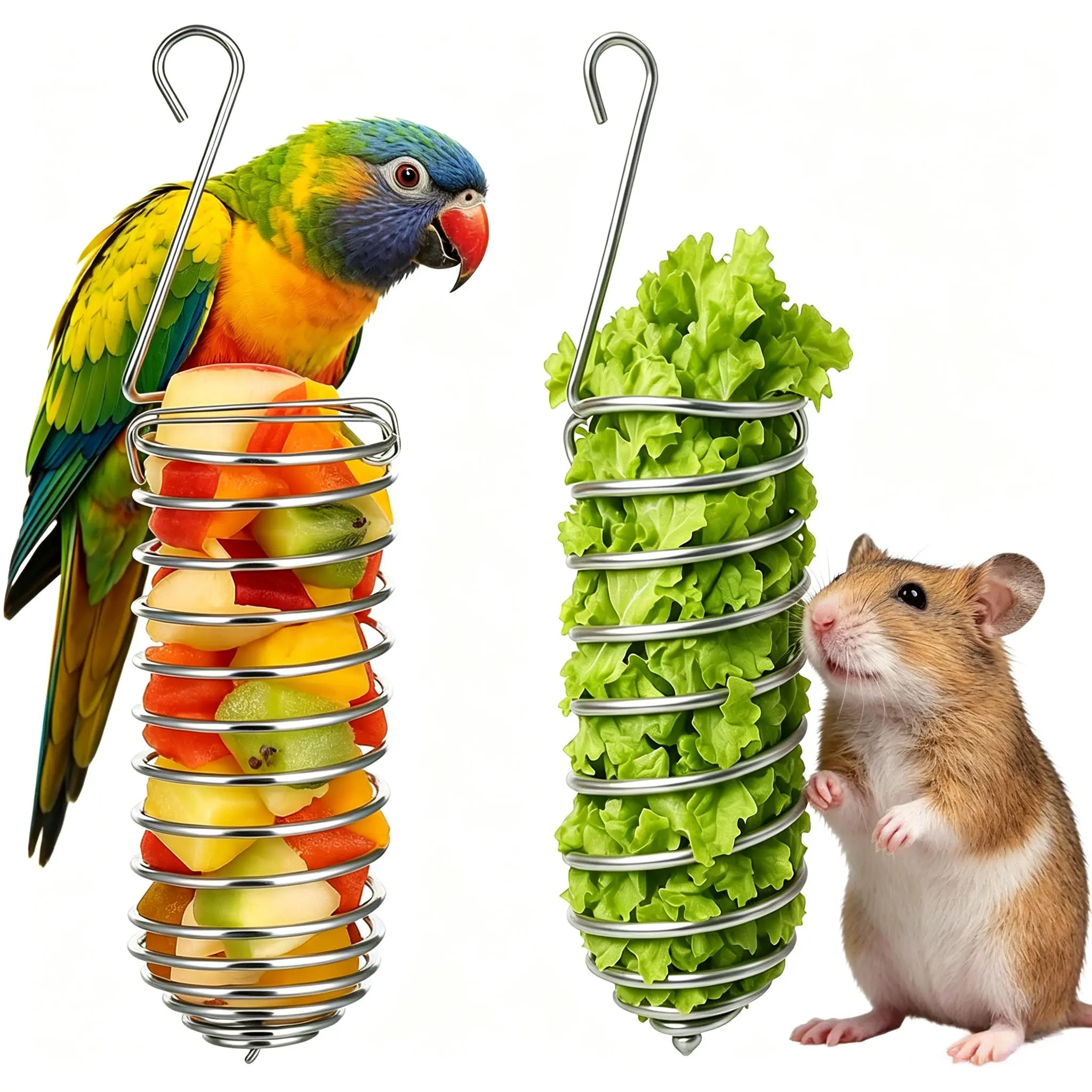 2pcs Stainless Steel Hanging Foraging Functional Baskets, Bird Feeding Tools with Mental Enrichment, Chew Stimulation, Compatible with Large-Medium Parrots & Squirrels
