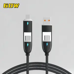 4-in-1 60W Type-C Fast Charger Cable, Multi-Purpose Braided Cord for iPhone, Android, Smartwatch, Earphones, Tablets