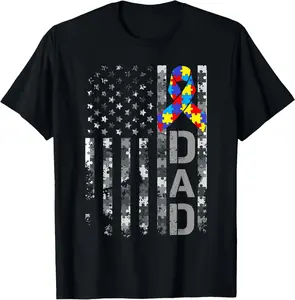 100% Cotton Autism Awareness  USA Flag Fathers day T-Shirt  father shirt dad Fabric Menswear