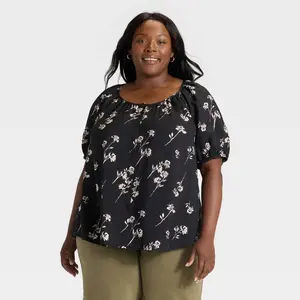 Women's Puff Elbow Sleeve Button-Front Top - Ava & Viv