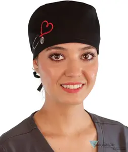 American-Made Cotton Surgical Scrub Cap with Unique Flair - Black Cap with Heart Stethoscope Patch
