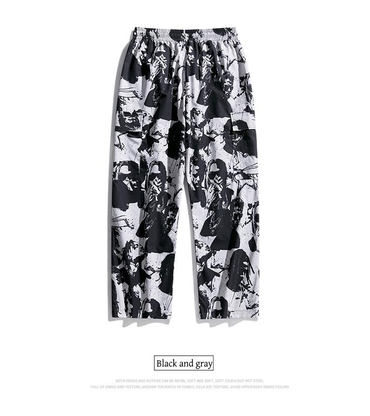 Artistic ink printing casual pants men's loose hanging high street pants black and white graffiti trend straight pants