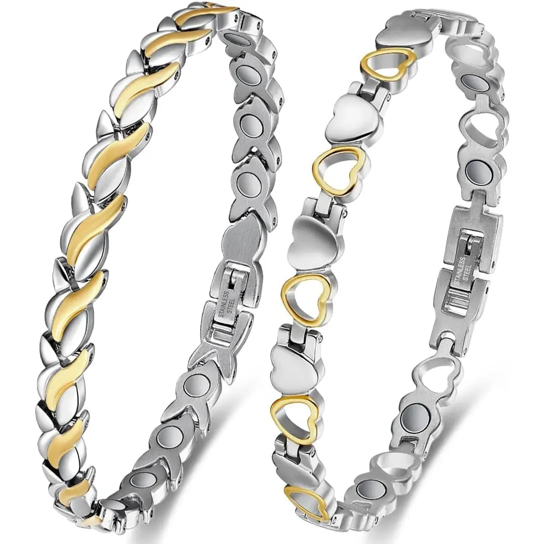 Women's 2-PCS Nickel-Free Titanium Steel Magnetic Bracelets - Adjustable Sliding Bracelets & Bangles, Love Heart & Fishtail Combined Setting with Powerful Magnets for Daily Wear