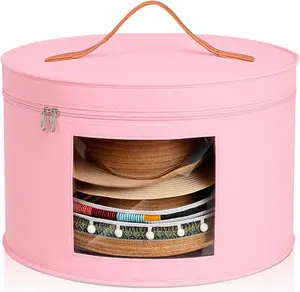 Large Hat Box Storage for Women, Space Saving Travel Hat Organizer Bag with Lid for Wide Brim Sun Hats Cowboy Hats, Foldable, Pink, Height 10.2 Inches
