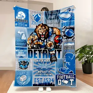 Detroit Football Legacy Collage - Vibrant Blue/Gray Artwork Figure Print Blanket with Fierce Lion Mascot, Celebrating Team History (1904-1984), Perfect for Fans of Detroit's Athletic Spirit
