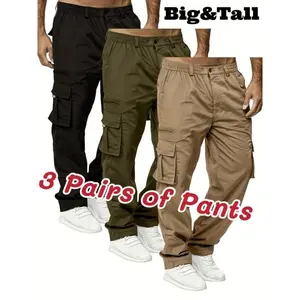 3pcs Men's Multi-Pocket Cargo Pants - Comfortable Polyester, Casual Outdoor & Workwear, Machine Washable, Solid Colors In Black, Olive Green, Beige, PLUS SIZE