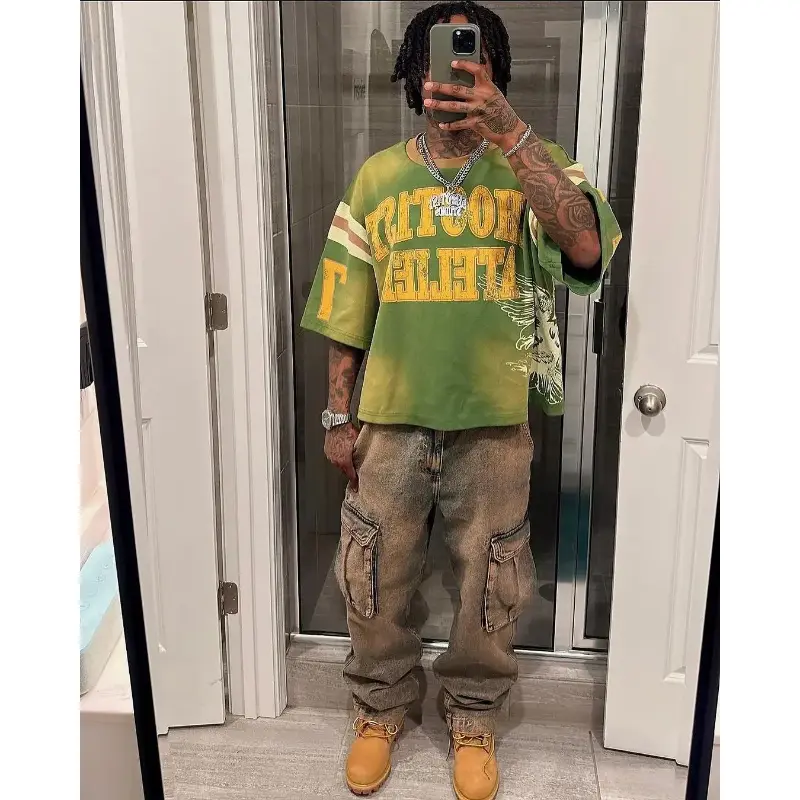 graphic tees  men gifts  trendy t-shirts American Retro Gothic Fashion Summer Casual Hip-hop Splicing T-shirt Men's Y2K Personalized Street Retro Sports Jersey Top Menswear Sleeve Streetwear Tshirt Crewneck Tropical