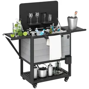 104 Quart Large Capacity Outdoor Cooler Cart – Gray. Rolling Ice Chest with Bottle Opener & Shelves. Holds 120 Cans. 48-Hour Cooling. EPS Foam Insulation. Drain Plug