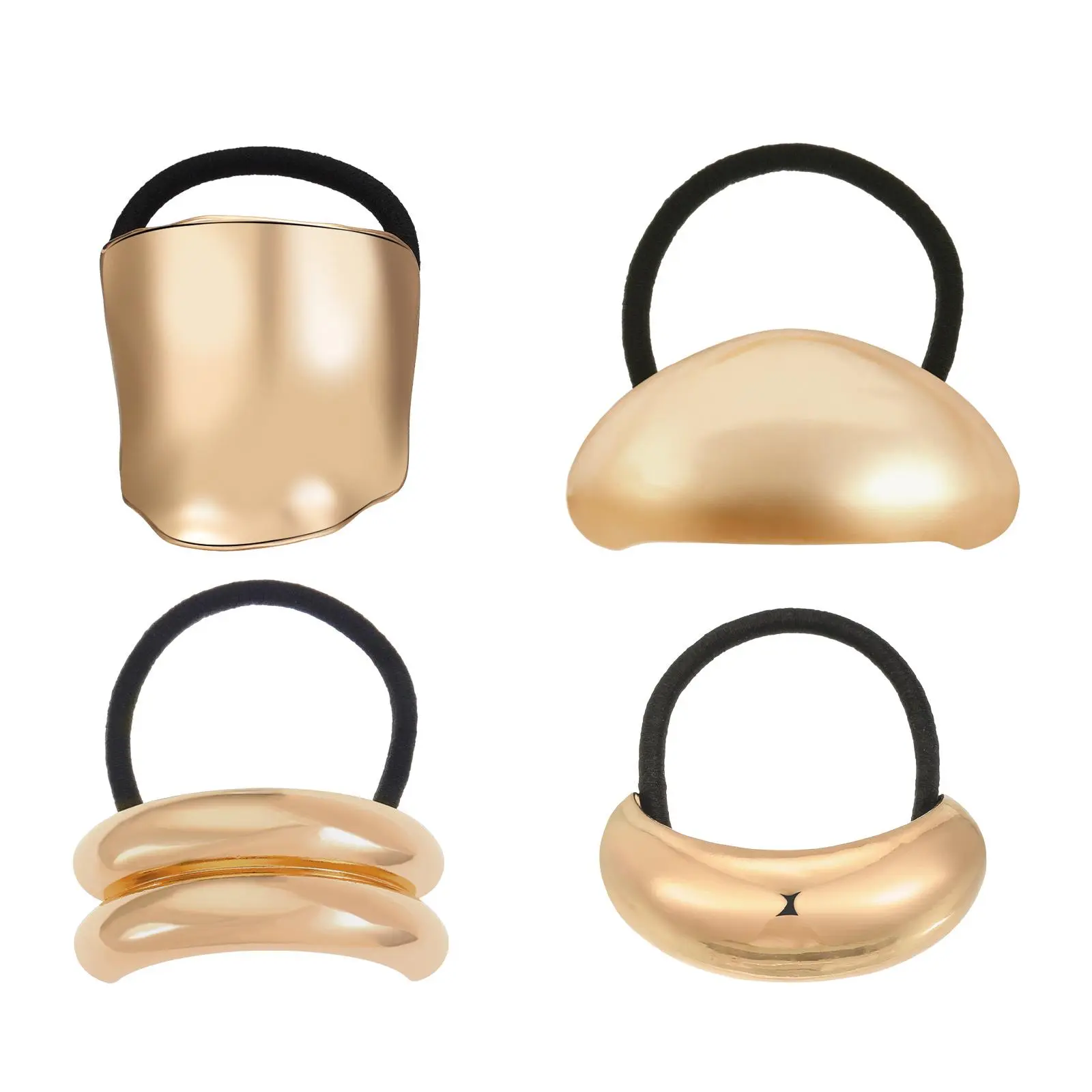 OIDEA Women's 4Pcs Glamorous Alloy Double-Layer Round Metal Hair Cuffs - Gold Elastic Band Ponytail Tie Rings, Compact and Lightweight Headbands for Birthday Summer Fashion Accessories, Alloy + Elastic Band, Durable Alloy