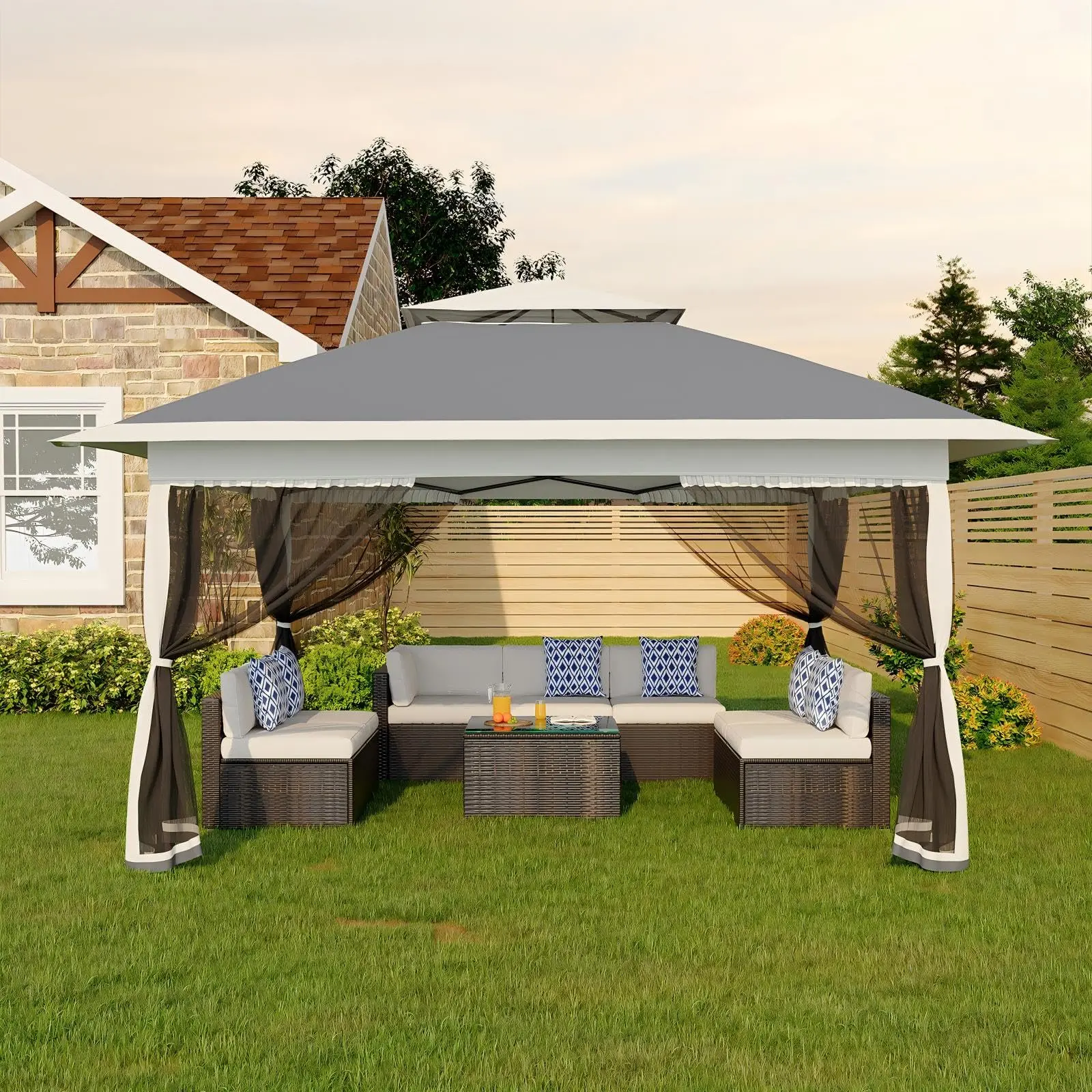 Gaomon 12x12 Pop Up Gazebo with Cover - 1-Push Button Setup Sturdy Adjustable Shade Sun Protection Canopy Tent with Mosquito Netting, Outdoor Furniture Sets for Backyard Picnic, Includes 4 Sandbags - Dark Grey, High-Density Fabric, Foldable
