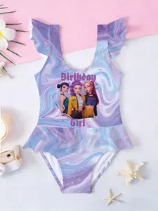 Girls' One-Piece Swimsuit Huntr/x Girl Group Print Blue Gradient Bottom, Same Color Flutter Sleeve Ruffle, Pool Beach Dreamy Style