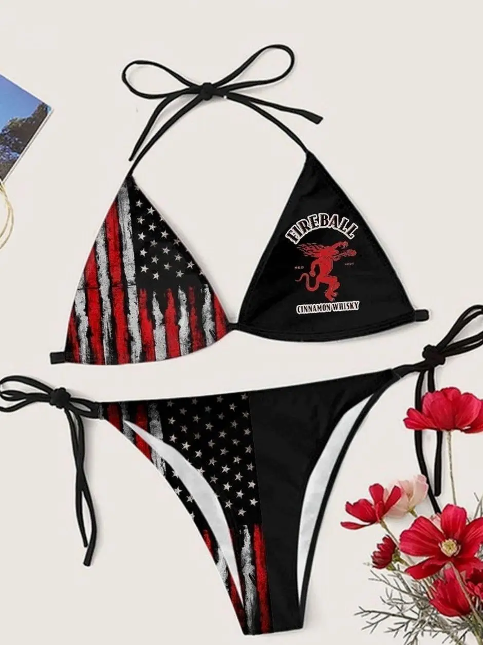 Fireball Whiskey Casual  American Flag Drinking Triangle Bikini Set 1X5 ZBT