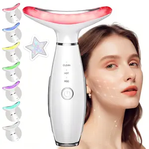 7 Colors LED Face & Neck Beauty Massager with 3 Modes (Vibration + Heating), Rechargeable Home Skin Care Tool, Thoughtful Christmas & Halloween Gift for Girls