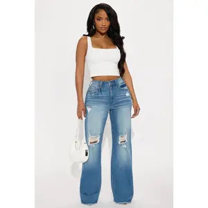 Coldwater Canyon Stretch Ripped Wide Leg Jeans - Medium Wash