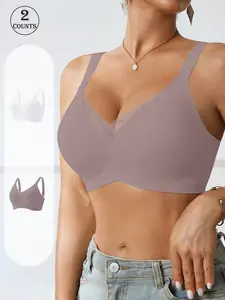 2Pack, 4 colors Solid color lace seamless jelly bra, Padded brassieres, Adjustable bras S-XXL size Four-row three-buckle Adjustable straps With padding to gather and lift Sports vest Daily casual/commuting/sports V-neck seamless bra