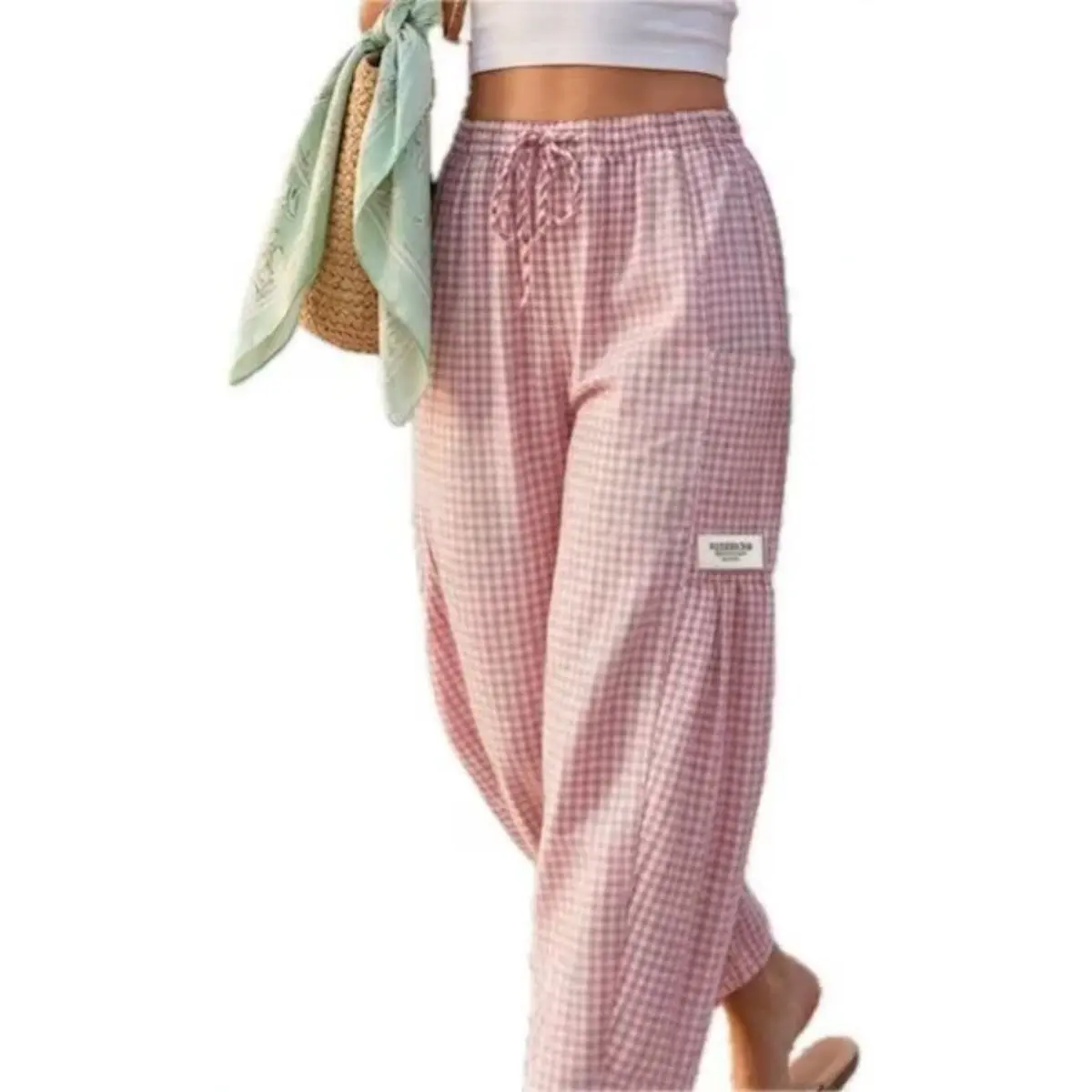 Womens Wide Leg Gingham Striped Plaid Pants Casual Barrel Loose Drawstring Low Waist Palazzo Harem Pants with Pockets