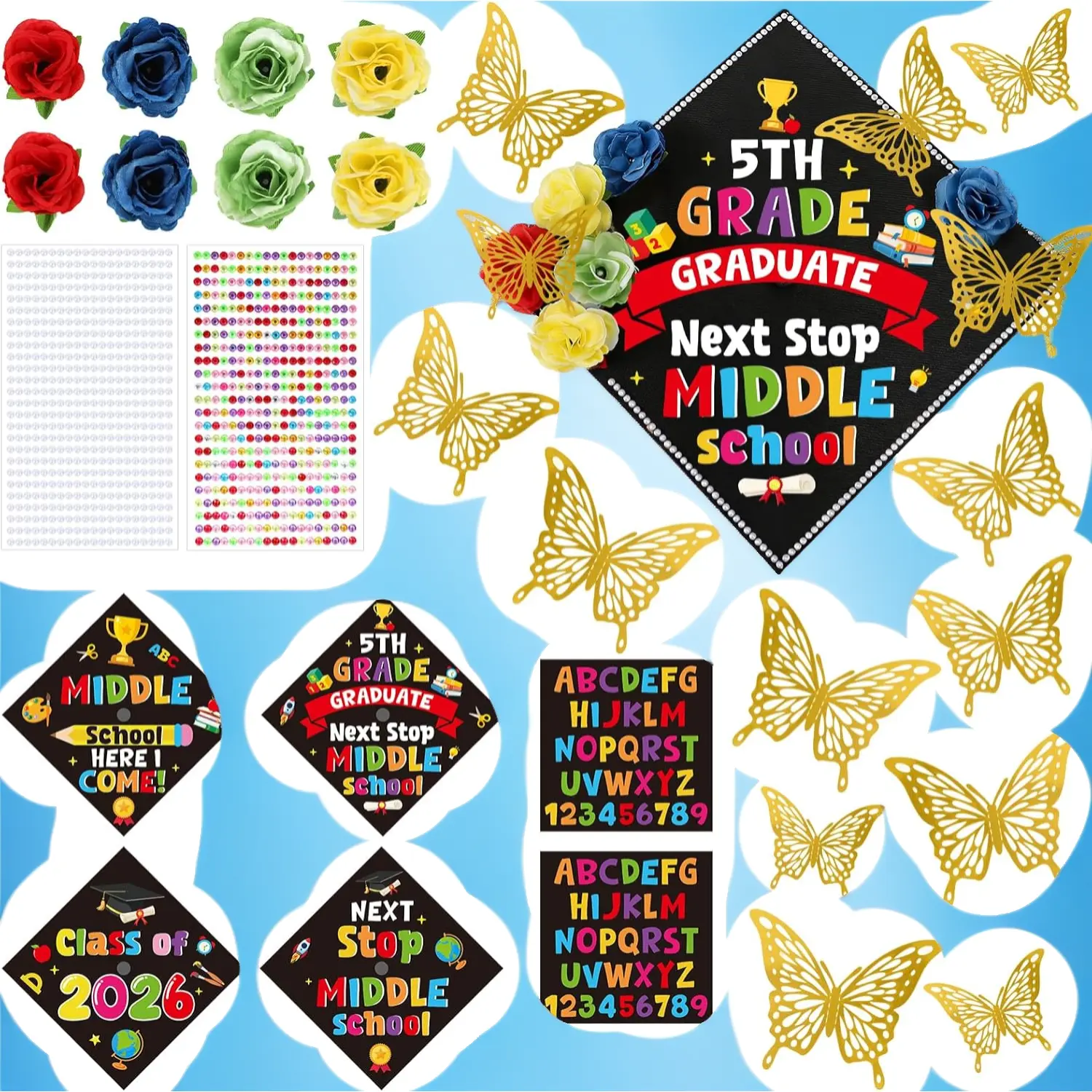 cosmisun Kindergarten Graduation Cap Decorations - 28 Pcs DIY Grad Cap Decorations Kit, Faux Flowers 3D Butterfly Rhinestones Pearl Stickers for Hat Topper Crafts Gift, 2026 Graduation Party Supplies