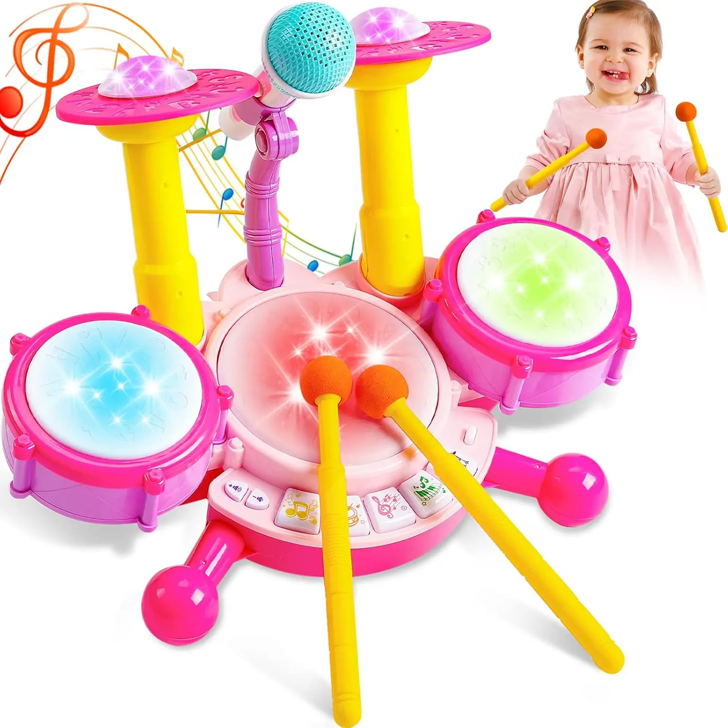5 in 1 Drum Set for Toddlers 1-3, Toddlers Drum Set for 1-3 with Light Up Microphone , 2 Sticks for 1-3 Year Olds, Educational Learning Toys for 6-18 Months, Birthday for Baby Boys Girls  Children