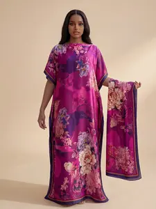 Women's Elegant Floral Print Robe Set, Long Dress + Headscarf Scarf Hairband, Beach Sun Protection Satin Silk Shawl, All Seasons, Beachwear