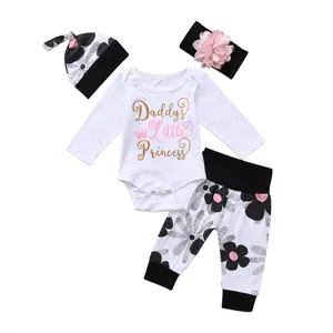 4Pcs Newborn Infant Baby Girls Clothes Fall Winter Outfits Long Sleeve Letter Print Romper Pants Headband Set
