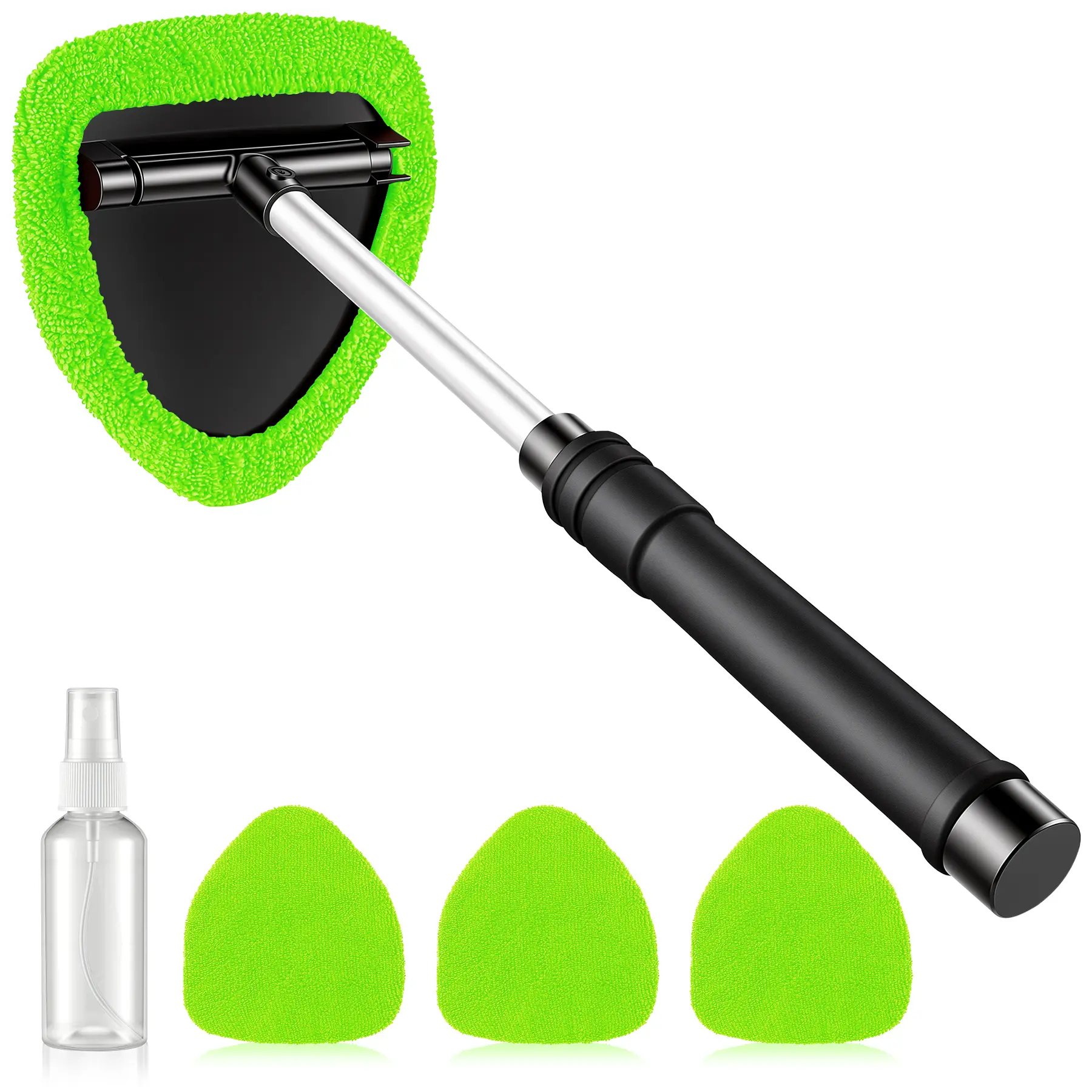 JUSTTOP Windshield Cleaner Tool, Car Interior and Exterior Window Cleaning Tool with Extendable Handle & 4 Reusable Microfiber Pads, Auto Glass Wiper Brush Kit for Cars,toolupgrade