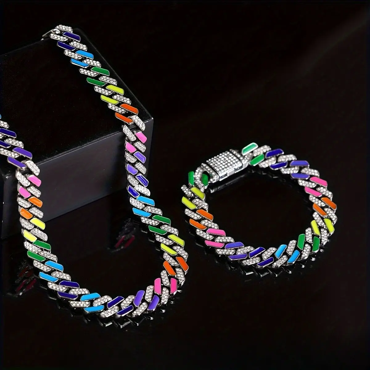 Unisex Hip Hop Jewelry Set Rainbow Cuban Link Necklace Bracelet Rhombus Cut Bling Diamond Chain Set Alloy Iced Out Streetwear Rapper Gift Statement Accessory