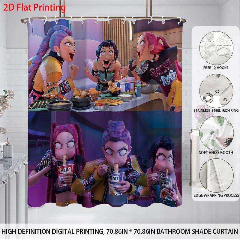 K-POP Demon Hunters Bathroom Set, Including Shower Curtain with 12 Hooks, Non-Slip Bath Rug, U-Shaped Toilet Mat, Toilet Lid Cover, Bathroom Decoration Accessories