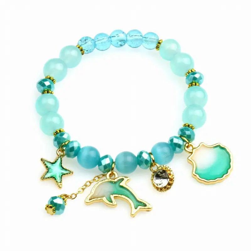 Ocean Theme Beaded Stretch Bracelet for Girls Women, Dolphin Starfish Shell Glass Bead Bracelet, Cute Summer Beach Mermaid Jewelry for Birthday Gift Friendship Bracelet
