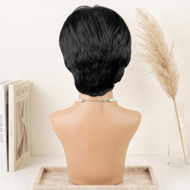 H03 4-inch pixie cut wig with blunt bangs, easily creating a fashionable look. Fully machine-made without glue, comfortable to wear and easy to maintain.