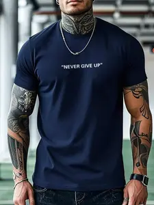 NEVER GIVE UP' Motivational Quote Theme Navy Slim-Fit Short-Sleeve T-Shirt | Gym & Casual Streetwear Top | Soft Breathable Fabric | Bold Minimalist Aesthetic | Trendy Slim-Fit | Eye-Catching Chest Print | Versatile Daily Wear | Perfect for Fitness/Street