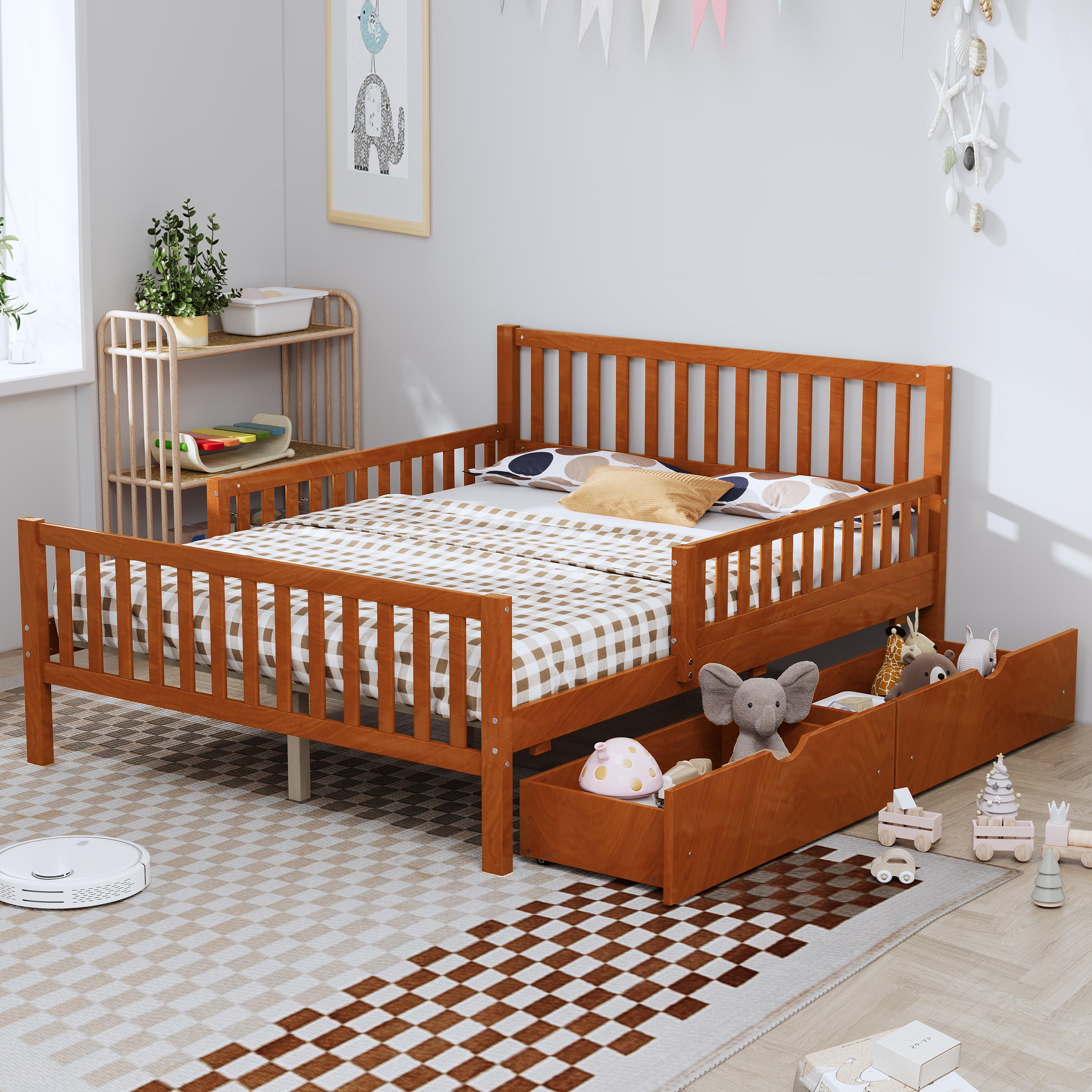 Eyisean Full Size Wooden Slat Support Platform Beds, Safety Bed Frame with Three-Side Guardrails, Space-Saving Daybed with Storage Drawers & Headboard, No Box Spring Needed, Easy Assembly for Bedroom