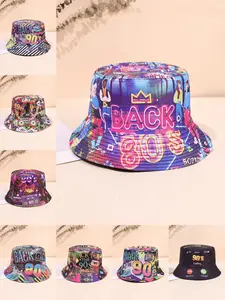 80s 90s Party Pattern Bucket Hat, Double-side Wear Reversible Summer Beach Sun Hat, Packable Fisherman Cap, Streetwear Casual Bucket Hat, Polyester Cap