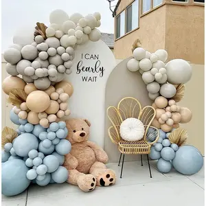 Dusty Blue Brown Balloon Garland Double Stuffed Tan Balloons White Sand Grey Latex Neutral Arch Kit For Teddy Bear Shower Boho Birthday Gender Reveal Party Decorations