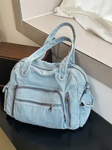 Women's Denim Shoulder Bag, Large Capacity Crossbody Tote, Spring Fashion Simple Design, Ideal for School & Commuting, Trendy Commuting Bag, Denim Crossbody Bags