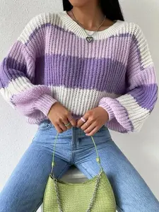 Women's Colorblock Bishop Sleeve Round Neck Sweater Without Necklace, Casual Long Sleeve Jumper for Fall & Winter, Women's Knitwear for Daily Wear