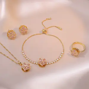 4PCS Jewelry Set, Necklace +Earrings + Bracelet + Ring, Loving Zircon Pink Flower New Design Trendy Pendant Elegant Outfit Titanium Steel Necklace