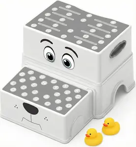 UNCLE WU Toddler Step Stool, Two-Step Kids Stool with Non-Slip Surface & Rubber Feet for Potty Training, Bathroom & Kitchen (Gray White)