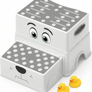 UNCLE WU Toddler Step Stool, Two-Step Kids Stool with Non-Slip Surface & Rubber Feet for Potty Training, Bathroom & Kitchen (Gray White)