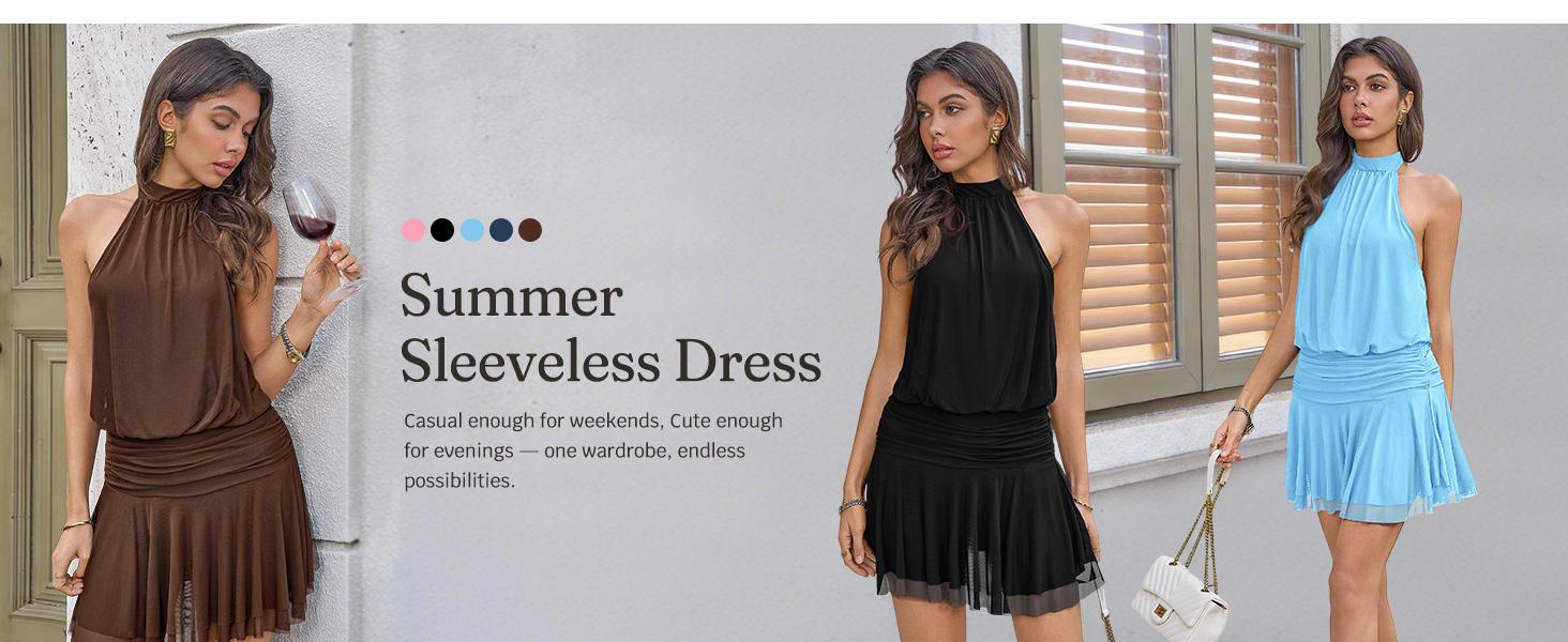 Wenrine Womens Mesh Halter Mini Dresses Summer Sleeveless Tie Open Back Ruched Waist Tiered Ruffle Going Out Club Dress