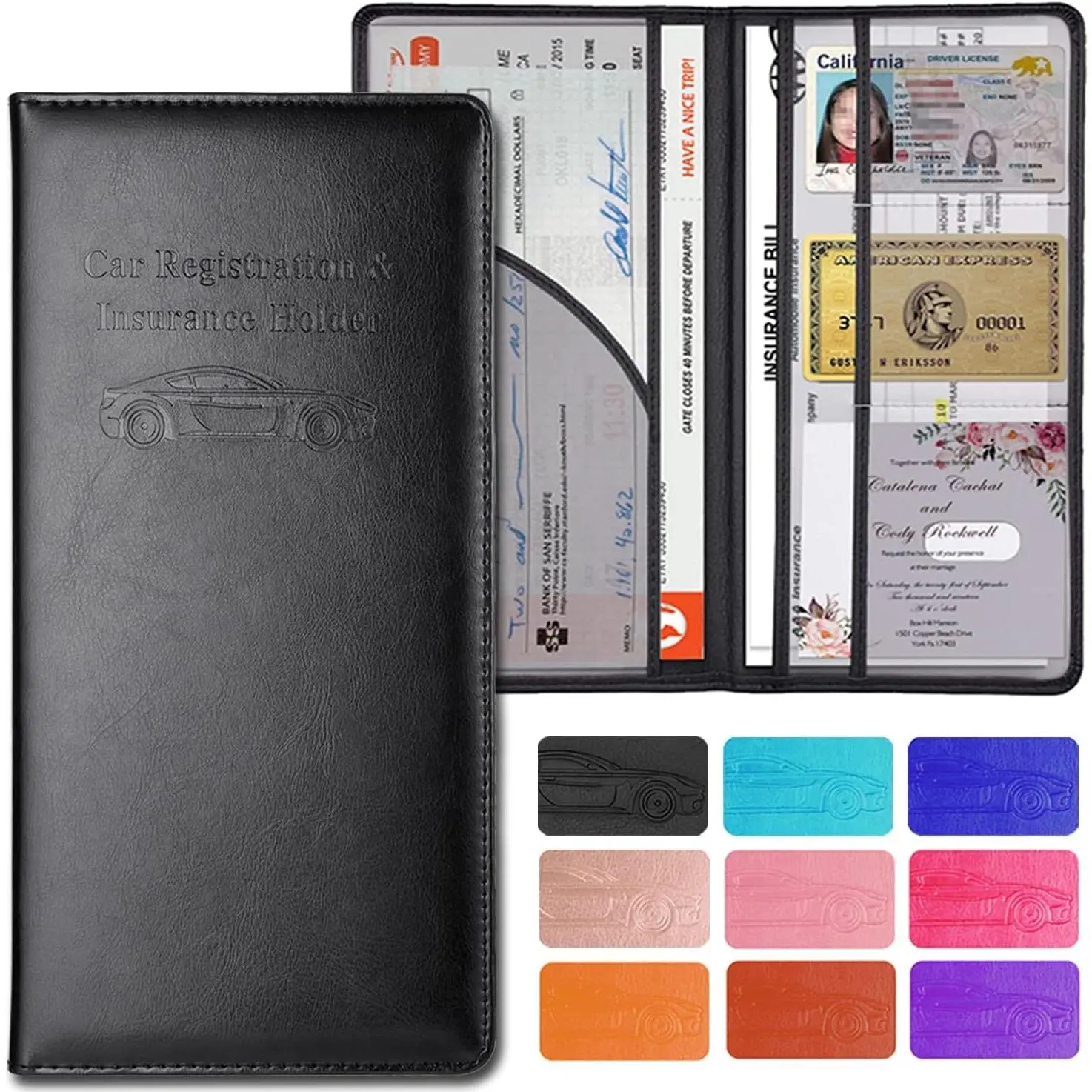 Car Accessories Registration and Insurance Holder,Leather Essential Card Magnetic Shut Wallet Vehicle Glove Box Organizer Case for Auto Driver License Document Truck Motorcycle Boat Men Women,Black