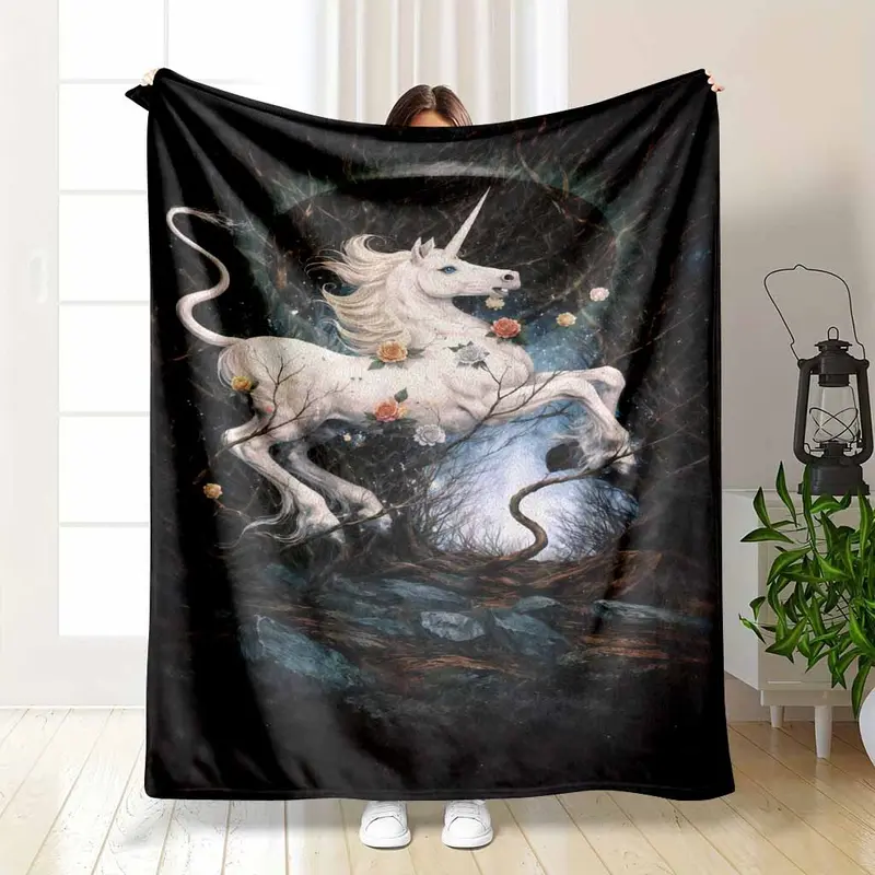 Fantasy Unicorn Flannel Fleece Throw Blanket Elegant White Horse Rose Floral HD Print Mystical Aesthetic Ultra Soft Non Shedding Warm Cozy Sofa Bedroom Living Room Decor Gift