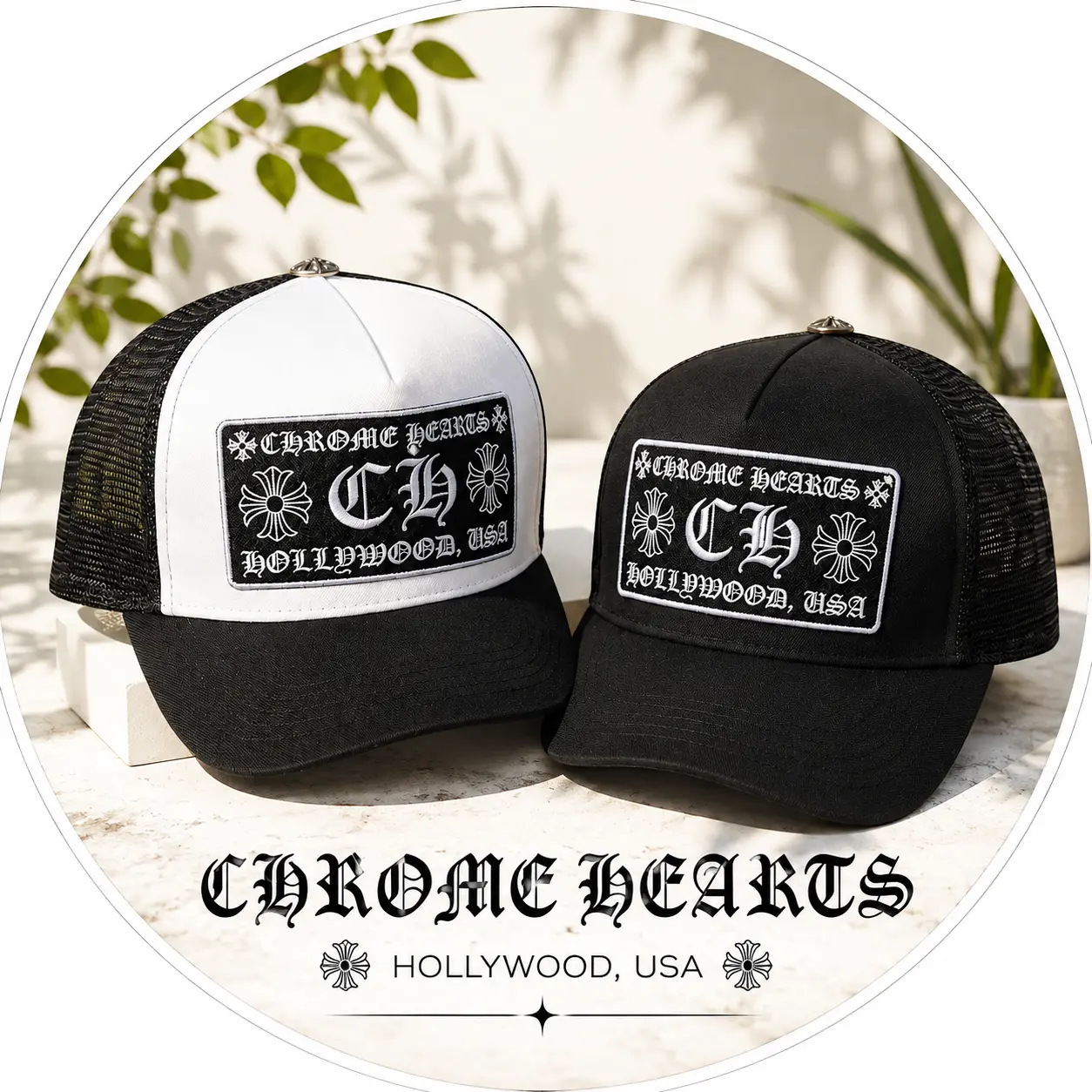 Chrome Hearts Black Trucker Hat – Embroidered Logo Mesh Cap, Adjustable Snapback Baseball Hat, Luxury Streetwear Headwear, Unisex Casual Fashion Outdoor Cap