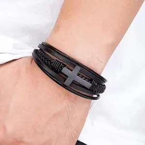 Men's Cross Leather-Metal Braided Bracelet, Multilayer Boho Bangle with Magnetic Clasp, Approx 8" Length, Faith Accessory for Casual Wear, Father's Day Gift Jewelry,summervibes