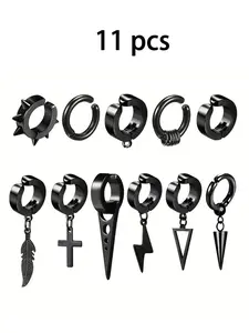 11-Piece Punk Hip-Hop Hoop Earrings Set, Rivet Ear Cuffs, Feather Dangle, Stainless Steel, No Piercing, Men's Jewelry