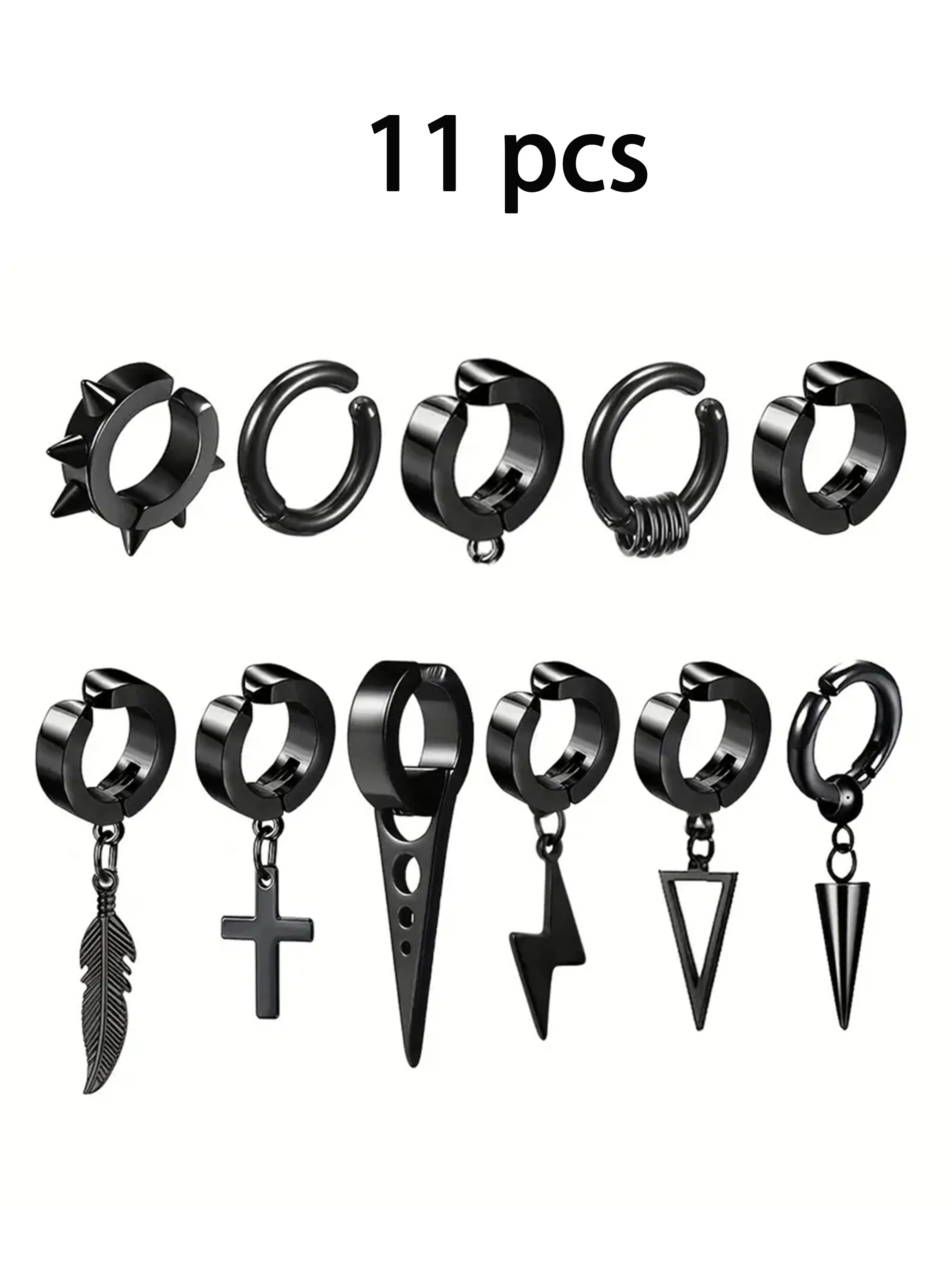 11-Piece Punk Hip-Hop Hoop Earrings Set, Rivet Ear Cuffs Non Piercing, Feather Dangle, Stainless Steel, No Piercing, Men's Jewelry, Stainless Steel Hoops, Fashionable Jewelry Accessories