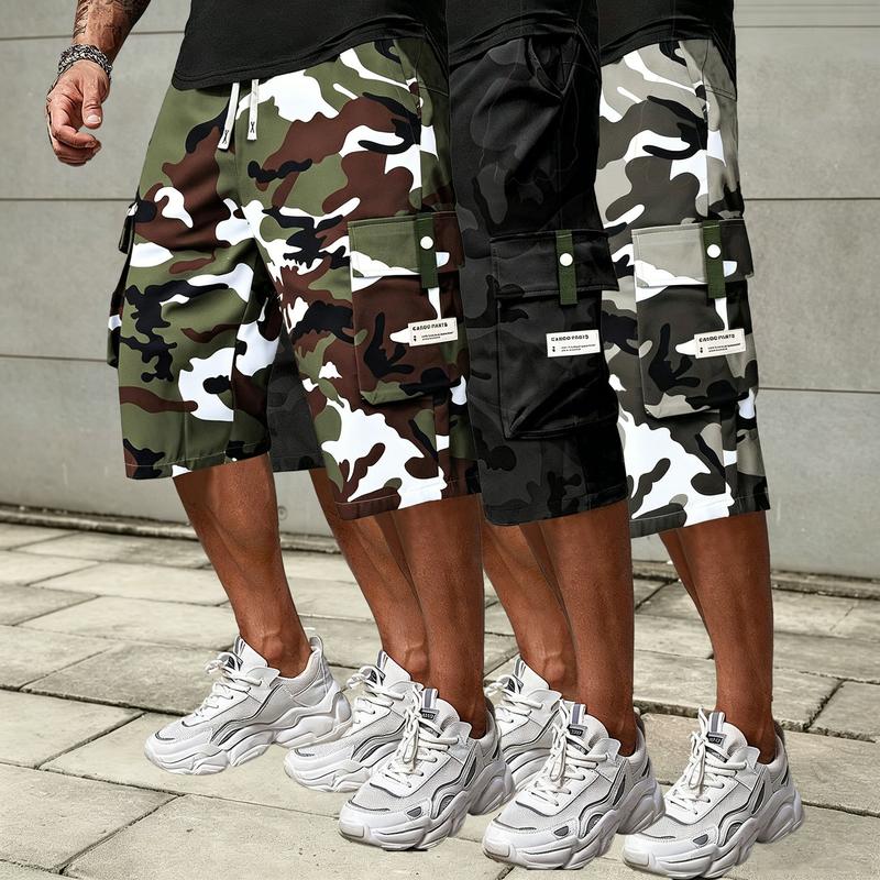 Men's Stylish Fitted Polyester Utility Cargo Shorts - Camouflage Print, Elastic Drawstring Waist, Cargo Pockets, Above Knee, Casual Summer Outdoor Streetwear, Cold Wash Compatible, Menswear (S, XXL)