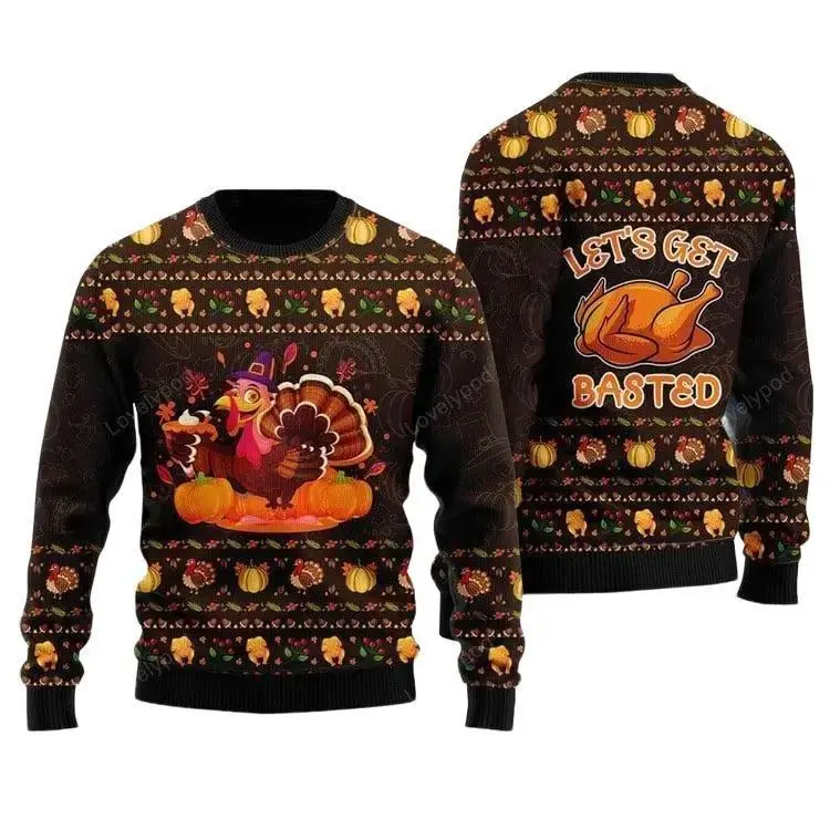 Thanksgiving Ugly Sweater, Lets Get Basted Turkey Ugly Sweater, Funny Chicken Pattern Brown Sweater