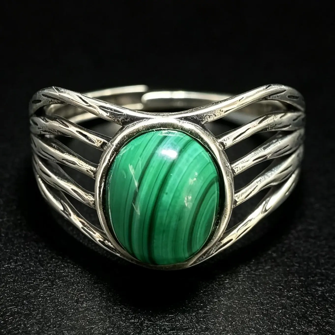 Multi Band Twisted Natural Malachite 925 Sterling Silver Adjustable Ring