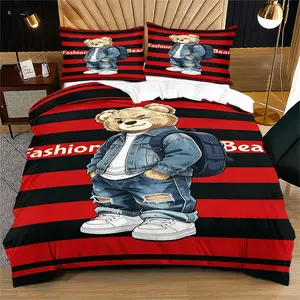 Fashionable and cute cartoon teddy bear print pattern soft and durable bedding duvet cover set, including 1 duvet cover and 1 or 2 pillowcases, without duvet core and pillow core, suitable for children or adults as gifts, modern style fashionable bedroom
