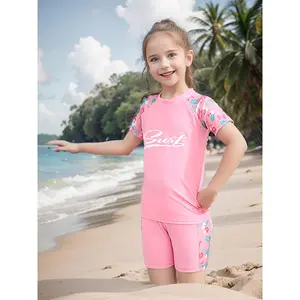 Splicing Print Girls 3pcs Swimming Suit, Swimwear Top + Swim Shorts + Cap Set, Quick Drying Girls Bathing Suit Set, Outdoor Water Party Wear